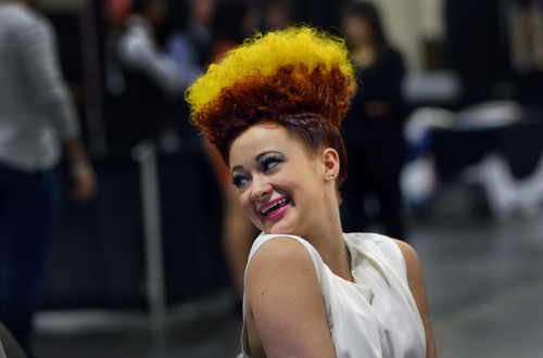 Scott Sommerdorf   |  The Salt Lake Tribune
A contestant shows off her "Reverse Psycho Billy" hairdo at the Golden Shear Hair & Beauty Show. The show showcased the skills of professionals from Salt Lake County and surrounding areas. It is sponsored by the Journeymens Barber League on Saturday.