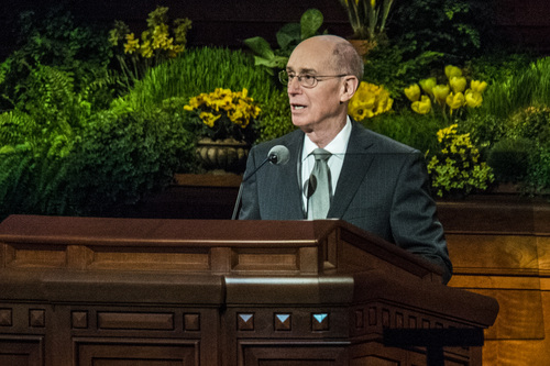 Chris Detrick  |  The Salt Lake Tribune
 President Henry B. Eyring, First Counselor in the First Presidency, speaks during the morning session of the 184th Semiannual General Conference of The Church of Jesus Christ of Latter-day Saints Saturday April 5, 2014.