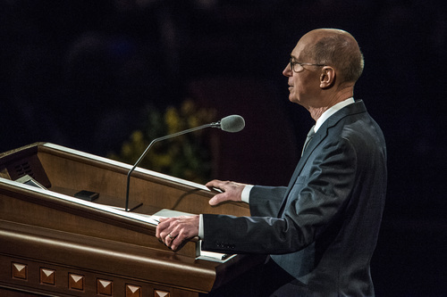 Chris Detrick  |  The Salt Lake Tribune
 President Henry B. Eyring, First Counselor in the First Presidency, speaks during the morning session of the 184th Semiannual General Conference of The Church of Jesus Christ of Latter-day Saints Saturday April 5, 2014.