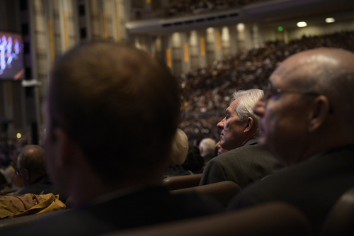 Scott Sommerdorf   |  The Salt Lake Tribune
People listen at the 184th General Conference of the Church of Jesus Christ of Latter Day Saints, Sunday, April 6, 2014.