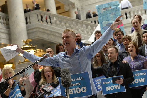 Francisco Kjolseth  |  Tribune file photo
Surrounded by supporters, activist Troy Williams vows to never give up his efforts to pass SB100 that would prohibit discrimination based on sexual orientation during a rally at the Utah State Capitol on Wednesday, March 5, 2014. Though polls indicate a majority of Utahns support the idea, legislative leaders have said they won't hear any bills related to lesbian, gay, bisexual and transgender issues this year, including other proposals less friendly to the LGBT community as the state defends its ban on gay marriage in court.