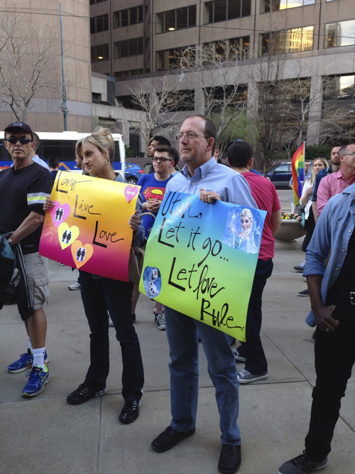 Brooke Adams | Salt Lake Tribune 

About 200 people attended marriage equality rally at 10th Circuit Court of Appeals in Denver Wednesday evening.