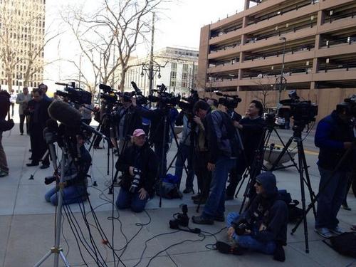 Brooke Adams  |  The Salt Lake Tribune

A bevy of cameras outside the 10th Circuit Court of Appeals in Denver testify to the widespread media interest in Utah's same-sex marriage case.