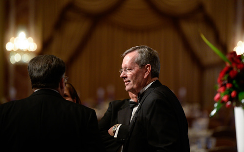 Franciso Kjolseth  |  The Salt Lake Tribune
The Salt Lake Chamber honors former Gov. Mike O. Leavitt with the business honor A Giant in Our City on Thursday, April 10, 2014, as he meets with people at the Grand America Hotel where Mitt Romney was to be the keynote speaker.