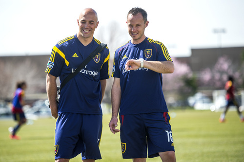 Chris Detrick  |  The Salt Lake Tribune
Real Salt Lake Head Athletic Trainer Tyson Pace and Kevin Christen, Assistant Athletic Trainer, watch during a practice at America First Field Wednesday April 9, 2014.