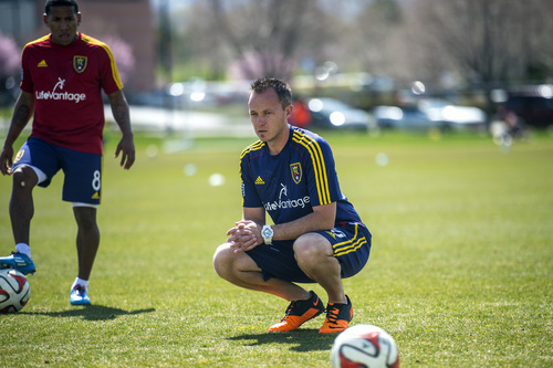 Chris Detrick  |  The Salt Lake Tribune
Real Salt Lake Head Athletic Trainer Tyson Pace works with Joao Plata (8) during a practice at America First Field Wednesday April 9, 2014.