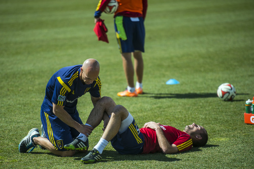Chris Detrick  |  The Salt Lake Tribune
Real Salt Lake Assistant Athletic Trainer Kevin Christen works with Rich Balchan during a practice at America First Field Wednesday April 9, 2014.