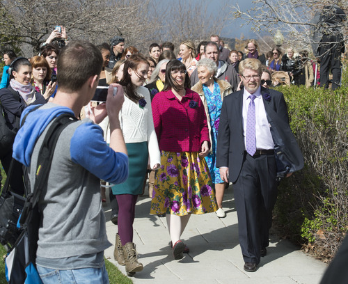 Steve Griffin  |  The Salt Lake Tribune


Kate Kelly, of the group Ordain Women, center, walks with supporters following the groups devotional at City Creek Park  in Salt Lake City, Utah Saturday, April 5, 2014. The group walked over to the Tabernacle on Temple Square to seek standby tickets to the all-male general priesthood meeting.
