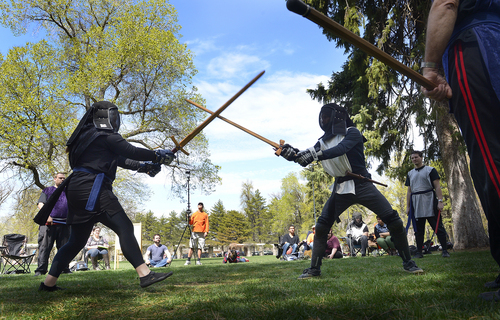 Scott Sommerdorf   |  The Salt Lake Tribune
Heather Rentz-Bjorge, left, fights Joshua Brown as members of the United Clans Swordsman Association compete in the Long Sword on the east side of Liberty Park, Saturday, April 12, 2014. Rentz-Bjorge won the match.