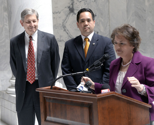 Al Hartmann  |  The Salt Lake Tribune
State Senator Margaret Dayton, at podium introduces Utah Attorney General Sean Reyes and Gene Schaer, left, who represented the state off Utah in Tenth Circuit Court joined citizens in the Eagle Forum and other supporters of the defense of Amendment 3 at the Utah Capitol rotunda Friday April 11.