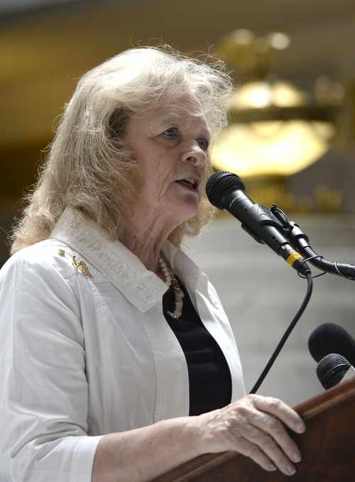 Al Hartmann  |  The Salt Lake Tribune
Gayle Ruzicka with the Eagle Forum speaks to supporters of Utah Amendment 3, the state's defense of marriage act at a rally at the Utah Capitol rotunda Friday April 11.