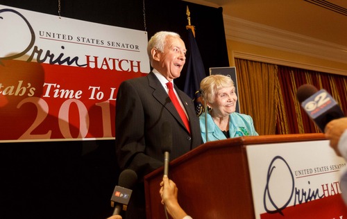 Trent Nelson  |  The Salt Lake Tribune
With his wife Elaine at his side, Senator Orrin Hatch makes his victory speech on election night at the Little America Hotel in Salt Lake City on Tuesday, June 26, 2012.