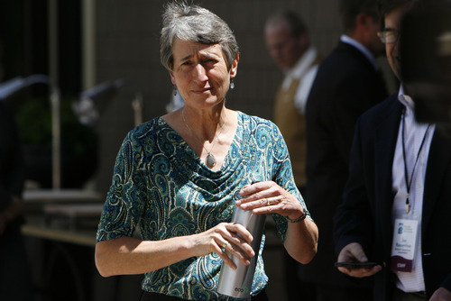 Francisco Kjolseth  |  The Salt Lake Tribune
Secretary of Interior Sally Jewell gets ready to take a few questions from the media after addressing the Western Governors' Association conference, attended by Gov. Gary Herbert and Utah Congressman Rob Bishop at the Montage hotel at Deer Valley on Friday, June 28, 2013.