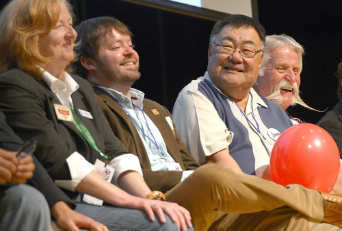 Leah Hogsten  |  The Salt Lake Tribune
l-r Mary Bishop, Arlyn Bradshaw, Randy Horiuchi and Dan Snarr laugh at the quip of Jenny Wilson directed at Dan Snarr and his handlebar mustache at the Salt Lake County Democratic convention, Saturday, April 12, 2014 at West Jordan Middle School.