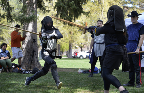 Scott Sommerdorf   |  The Salt Lake Tribune
Judges watch and keep score as members of the United Clans Swordsman Association compete in the Long Sword on the east side of Liberty Park, , Saturday, April 12, 2014.