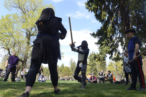 Scott Sommerdorf   |  The Salt Lake Tribune
Members of the United Clans Swordsman Association compete in the Long Sword on the east side of Liberty Park, Saturday, April 12, 2014.
