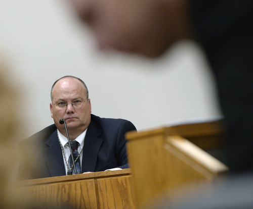 Al Hartmann  |  The Salt Lake Tribune
Sgt. Scott Finch, Utah County criminal investigator is questioned in Meagan Grunwald's preliminary hearing in Judge Darold McDade's courtroom in Provo Wednesday April 16.   Grunwald is charged in connection with the fatal officer shooting in Utah County.