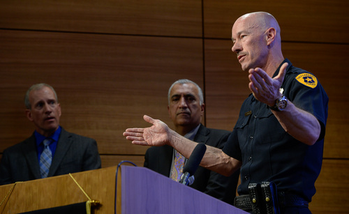 Franciso Kjolseth  |  The Salt Lake Tribune
SLC Police Chief Chris Burbank holds a news conference to announce the "Code R Kit Project" that comes on the heels of criticism that police and the state lab are not processing rape kits for forensic evidence. Burbank was joined by Utah Public Safety Commissioner Keith Squires, left, and Salt Lake County District Attorney Sim Gill.
