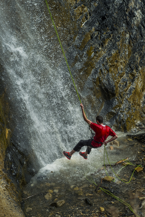 Chris Detrick  |  The Salt Lake Tribune
Mike Marriott, 21, of Orem, rappels down the waterfall at Battle Creek Falls near Pleasant Grove Tuesday April 15, 2014.
