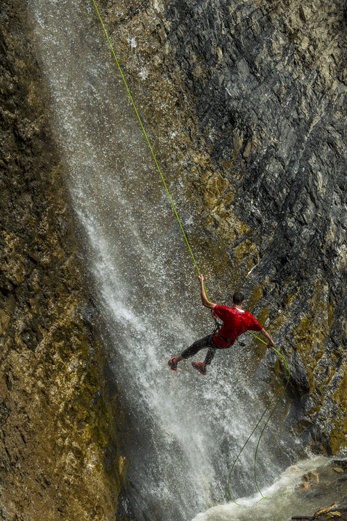 Chris Detrick  |  The Salt Lake Tribune
Mike Marriott, 21, of Orem, rappels down the waterfall at Battle Creek Falls near Pleasant Grove Tuesday April 15, 2014.