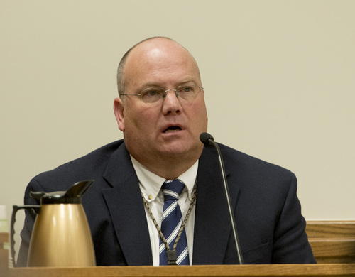 Rick Egan  |  The Salt Lake Tribune

Sgt. Scott Finch, Utah County criminal investigator on the witness stand, during Meagan Grunwald's preliminary hearing in Judge Darold McDade's courtroom in Provo, Thursday April 17, 2014