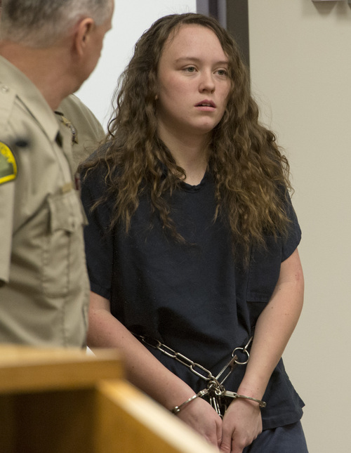 Rick Egan  |  The Salt Lake Tribune

Meagan Grunwald, a teen charged in connection with fatal officer shooting in Utah County, enters the courtroom after a recess, in the preliminary hearing in Judge Darold McDade's courtroom in Provo Thursday April 17, 2014
