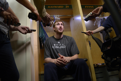 Scott Sommerdorf   |  The Salt Lake Tribune
Utah Jazz guard Gordon Hayward speaks to the media on the day the Jazz clean out their lockers after a disappointing 25-57 season, Thursday, April 17, 2014.