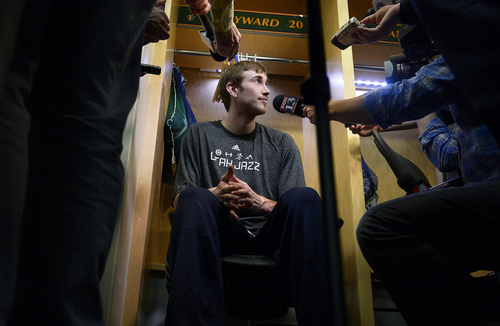 Scott Sommerdorf   |  The Salt Lake Tribune
Utah Jazz guard Gordon Hayward speaks to the media on the day the Jazz clean out their lockers after a disappointing 25-57 season, Thursday, April 17, 2014.