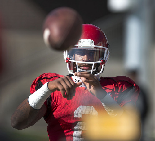 Steve Griffin  |  The Salt Lake Tribune


University of Utah wide receiver Kenneth Scott catches footballs thrown at him from a pitching machine during spring football practice at the Spence Eccles Football Facility in Salt Lake City, Utah Tuesday, April 8, 2014.
