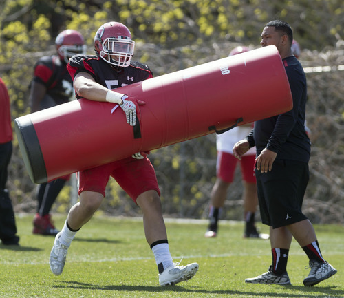 Steve Griffin  |  The Salt Lake Tribune


University of Utah defensive lineman, Jason Fanaika, a transfer from Utah State, wraps-up a tackling dummy during spring football practice at the Spence Eccles Football Facility in Salt Lake City, Utah Tuesday, April 8, 2014.