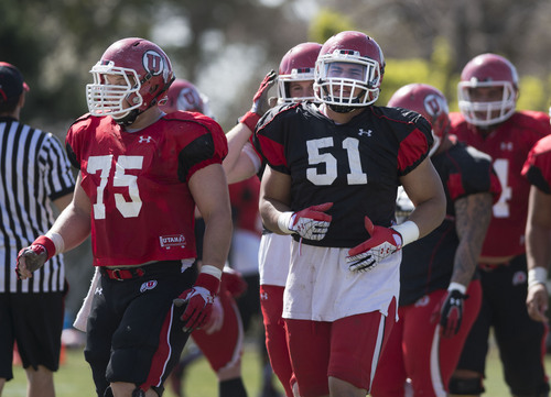 Steve Griffin  |  The Salt Lake Tribune


University of Utah defensive lineman, Jason Fanaika, 51, a transfer from Utah State, takes the field during spring football practice at the Spence Eccles Football Facility in Salt Lake City, Utah Tuesday, April 8, 2014.