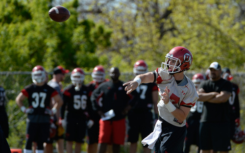Franciso Kjolseth  |  The Salt Lake Tribune
Quarterback Conner Manning hits his target as the University of Utah football team gets ready for the season during Spring practice at the Spence Eccles Football Facility on Thursday, April 17, 2014.