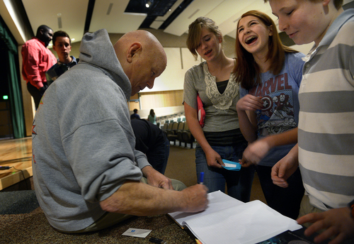 Scott Sommerdorf   |  The Salt Lake Tribune
NASA astronaut Story Musgrave signs autographs for Copper Mountain Middle School students after his talk about his life with students from the MESA (Mathematics Engineering Science Achievement) Club. His visit was designed to promote the advancement of STEM (Science, Technology, Engineering, and Math) careers, Wednesday, April 16, 2014. Musgrave stressed "taking care of Mother Earth," and taking advantage of the opportunity that tomorrow brings.