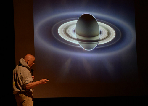 Scott Sommerdorf   |  The Salt Lake Tribune
NASA astronaut Story Musgrave, speaks to Copper Mountain Middle School students from the MESA (Mathematics Engineering Science Achievement) Club about his career. Here he shows a photo of Saturn and it's backlit rings taken from the Cassini spacecraft. He stressed the idea of being ready to take advantage of the opportunity that tomorrow brings, Wednesday, April 16, 2014.