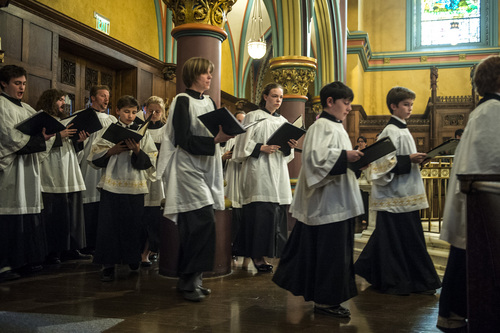Chris Detrick  |  The Salt Lake Tribune
Members of the Cathedral Choir sing during the Mass of the Lord's Supper at The Cathedral of the Madeleine Thursday April 17, 2014.