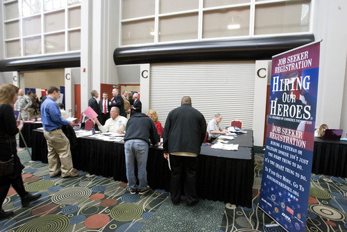 Paul Fraughton  |  Salt Lake Tribune
Hundreds of former and active military men and women meet with potential employers at the 2013 Hiring Our Heros Job Fair held at the Salt Palace Convention Center in conjunction with The Governor's Military and Family Summit.
