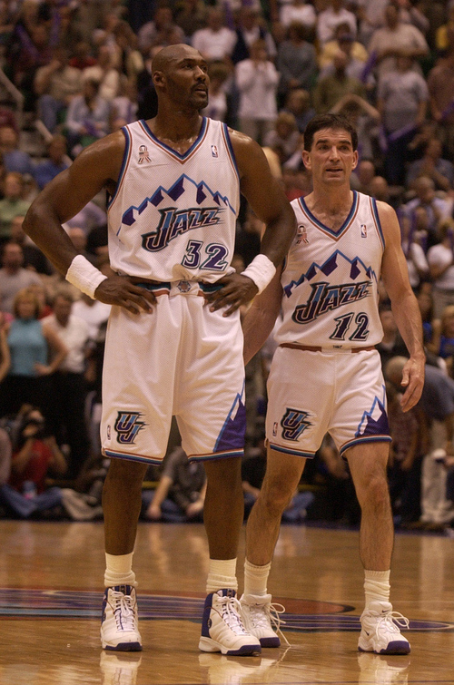 Tribune file photo
John Stockton talks to Karl Malone in the fourth quarter during  playoff game No. 4 against the Kings in Salt Lake City on April 29, 2002. Their final game together in Jazz uniforms game the next night.