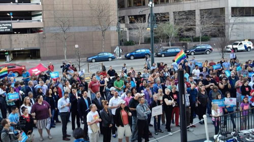Marissa Lang | Salt Lake Tribune 

A crowd gathers outside the 10th Circuit Court of Appeals in downtown Denver on Wednesday to support the couples petitioning to overturn Utah's ban on same-sex marriages in a historic lawsuit that will be heard in the high court on Thursday morning.