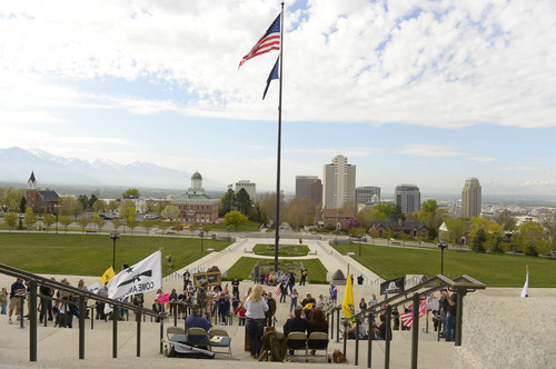 Leah Hogsten  |  The Salt Lake Tribune
The Pro Gun, Pro Constitution, Anti-tyranny Rally supporters gathered on the Utah Capitol south steps on the anniversary of Patriots Day, Friday, April 19, 2014.
