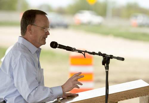 Rick Egan  |  The Salt Lake Tribune

Sen. Stuart Adams, R-Layton, says a few words before the ceremonial dig in Bountiful, to begin the I-15 South Davis Project, to add express lanes from North Salt Lake to Farmington, and redo interchanges and bridges, Friday, April 18, 2014