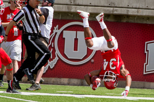 Trent Nelson  |  The Salt Lake Tribune
Utah's Bubba Poole flips out of bounds after a long run during the University of Utah's Red & White football game at Rice-Eccles Stadium in Salt Lake City, Saturday April 19, 2014.