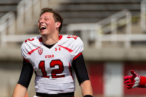 Trent Nelson  |  The Salt Lake Tribune
Utah quarterback Adam Schulz laughs during the University of Utah's Red & White football game at Rice-Eccles Stadium in Salt Lake City, Saturday April 19, 2014.