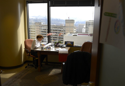 Leah Hogsten  |  The Salt Lake Tribune
Peggy A. Tomsic works in her office on Main Street in Salt Lake City. Tomsic is a lead attorney for the plaintiffs in Utah's same-sex marriage case, Thursday, March 27, 2014.
