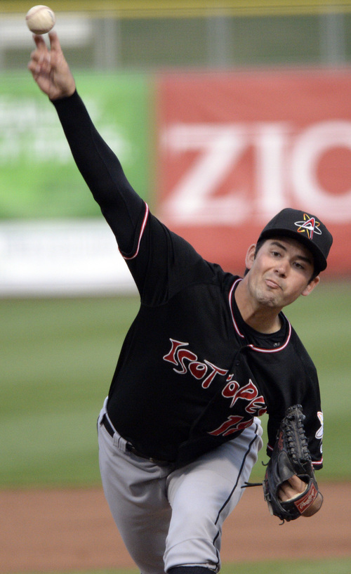 Rick Egan  |  The Salt Lake Tribune

Albuquerque pitcher Zach Lee (18) throws for the Isotopes, in Pacific Coast League action, The Salt Lake Bees, vs The Albuquerque Isotopes, at Smiths Ballpark,  Monday, April 21, 2014