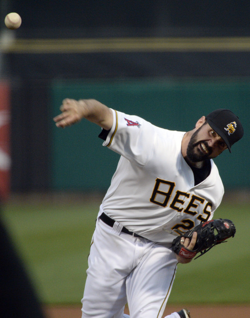 Rick Egan  |  The Salt Lake Tribune

Salt Lake pitcher Matt Shoemaker (27) throws for the Bees,  in Pacific Coast League action, The Salt Lake Bees, vs The Albuquerque Isotopes, at Smiths Ballpark,  Monday, April 21, 2014