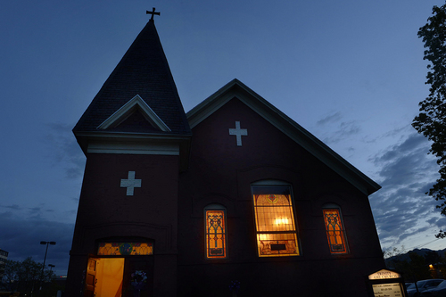 Scott Sommerdorf   |  The Salt Lake Tribune
Trinity African Methodist Episcopal Church, just before sunrise on Easter Sunday. The small historic church was host to an interdenominational sunrise service that included members of United Methodist, Episcopal, and Calvary Baptist. The Rev. France Davis of Calvary Baptist spoke, Sunday, April 20, 2014.