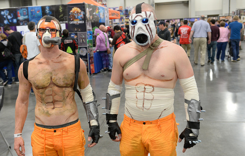 Franciso Kjolseth  |  The Salt Lake Tribune
"Psychos from Borderlands," Zac Keyes, left, and his brother Daniel, join in the fun as thousands of fiction fans from near and far gather at the Salt Palace Convention Center for day two of Salt Lake Comic Con's FanX.