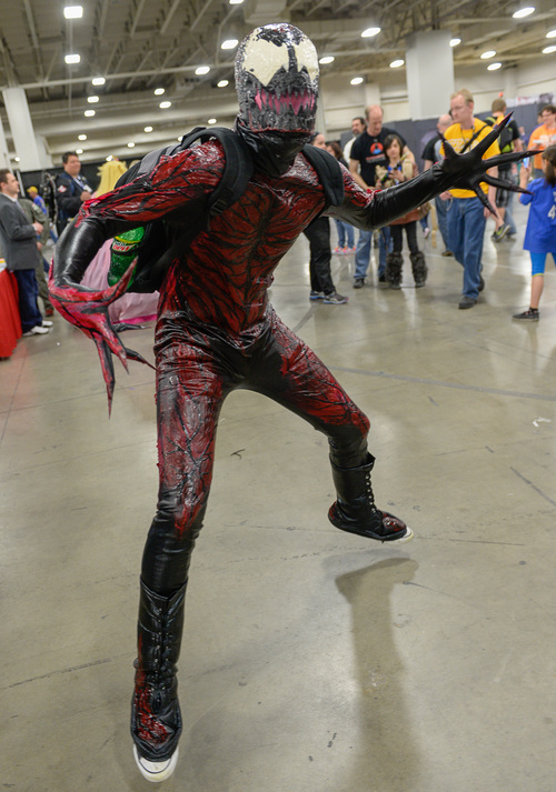 Franciso Kjolseth  |  The Salt Lake Tribune
Abel Cuch gets into character as "Carnage," at the Salt Palace Convention Center for day two of Salt Lake Comic Con's FanX.