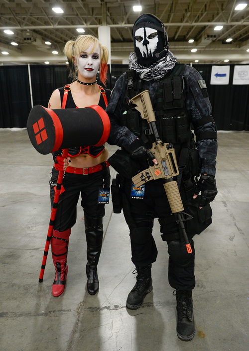 Franciso Kjolseth  |  The Salt Lake Tribune
Shelley Cannon as "Harley Quinn" and her husband Sean as "Elias" from the game "Call of Duty," join thousands of fiction fans from near and far to gather at the Salt Palace Convention Center for day two of Salt Lake Comic Con's FanX.