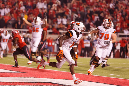 Trent Nelson  |  The Salt Lake Tribune
Oregon State Beavers wide receiver Brandin Cooks (7) celebrates the game-winning touchdown pass as the University of Utah hosts Oregon State, college football at Rice Eccles Stadium Saturday, September 14, 2013 in Salt Lake City.